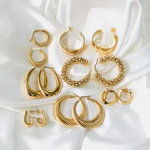 Vintage 2023 Ins Stainless Steel Waterproof Hoops Statement Chunky Silver Earrings Gold Bold Dome Earrings for Women