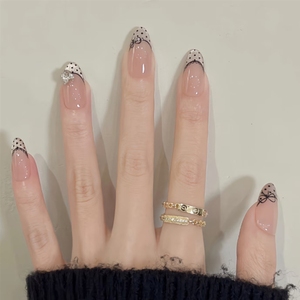 Faux ongles en acrylique de haute qualité, courts, forme amande, à pois noirs, à presser, vente en gros - Product Image 1