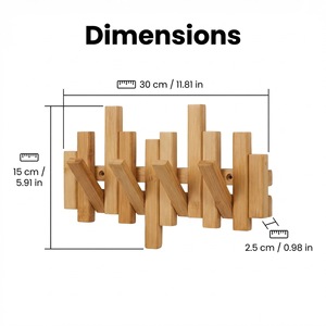 Perchero de madera para montar en la pared, gancho para ropa, llaves y gorras, organizador multifuncional, forma rectangular de un solo nivel - Product Image 3