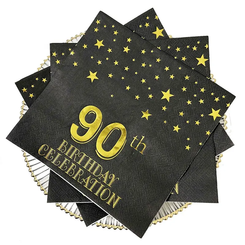 Guardanapos de comemoração de 90 anos, folha de ouro, papel descartável para convidados, toalhas de mão, papel de tecido, para casamento, festa de aniversário