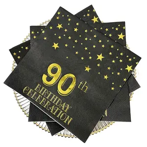 Tisu ulang tahun 90th, handuk kertas tangan tisu tamu sekali pakai huruf Foil emas untuk pesta pernikahan, ulang tahun