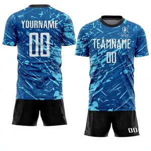 Conjunto de Uniforme de Fútbol Sublimado Personalizado INDEX, Camiseta y Pantalones Cortos con Patrón Azul, Cuello Redondo, Absorbe la Humedad - Product Image 1