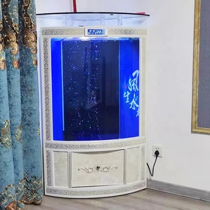 Aquarium triangulaire en verre moderne pour salon, à poser contre le mur, avec filtre de fond personnalisé et meuble intégré - Product Image 1