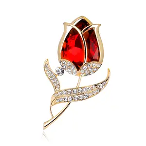 Women's Elegant Tulip Flower Brooch Pins Rhinestone Crystal For Female Dress Coat Accessories Fashion Brooch Jewelry Gift