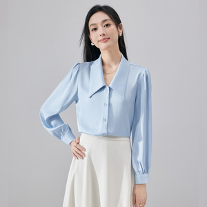 Women's Light Blue Long Sleeve Satin Shirt With Puff Sleeves And Point Collar For Work Wear - Product Image 1