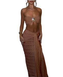 Sommer Neu Damen Formelles Sexy Einfarbiges Strick-Bustier-Top Schmal Geschnittener Knielanger Rock 2-teiliges Set Unifarben - Product Image 3