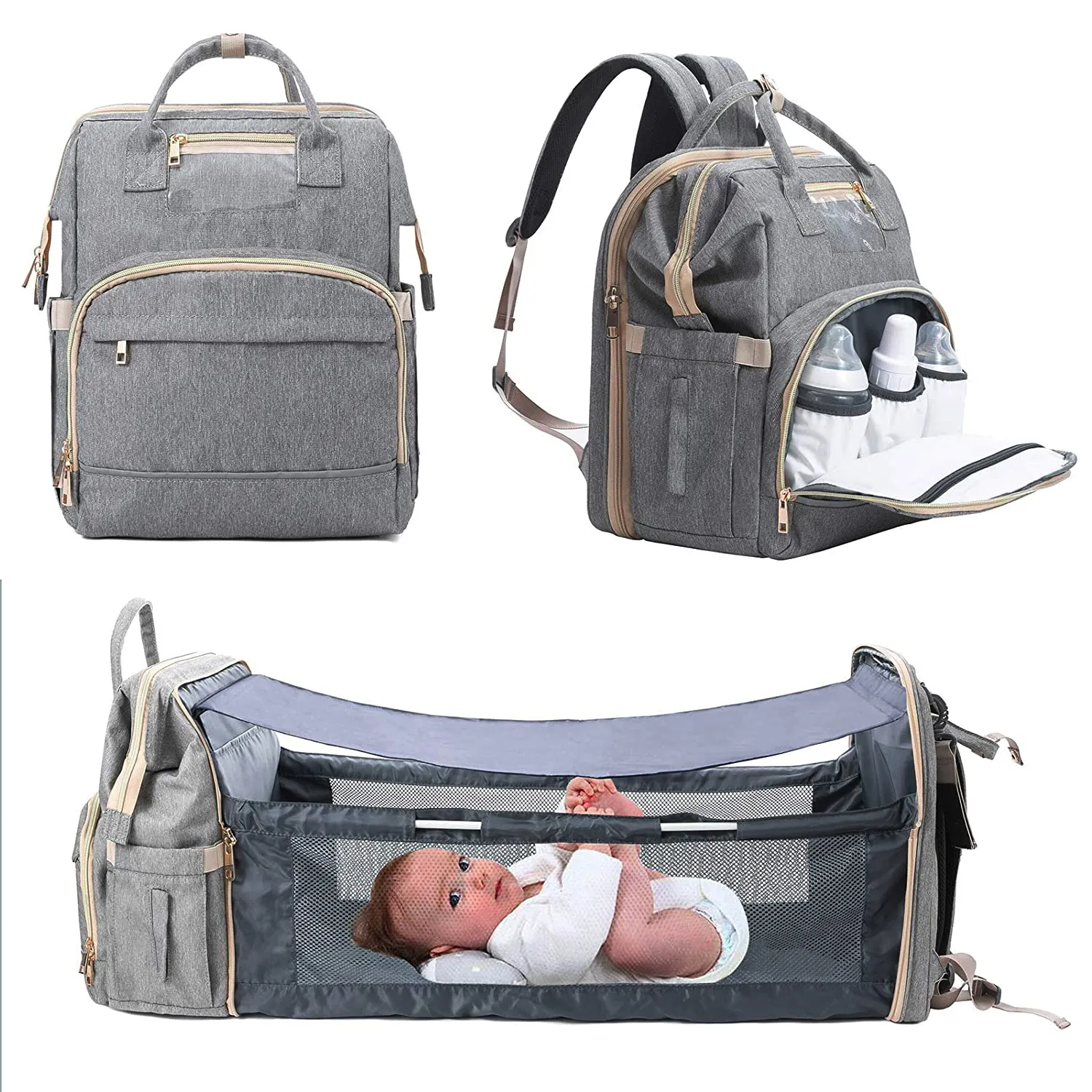 Taşınabilir bebek bezi anne çantası moda su geçirmez 3 in 1 katlanabilir bebek yatağı sırt çantası