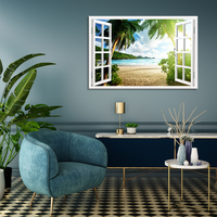 Tableau mural 3D abstrait effet fenêtre, Paysage marin avec palmiers, Décoration murale intérieure sur toile