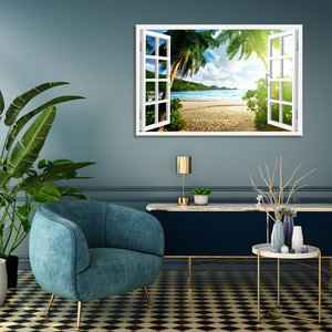 3D ventana Vista pared arte Playa Mar vista palmeras naturaleza pintura impresión en lienzo paisaje imagen habitación pared decoración cartel - Product Image 2