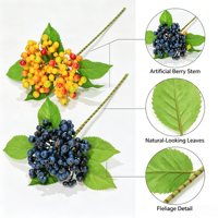 Vente en gros usine – Branche artificielle de baies jaunes de 30 cm avec feuilles, fausse branche de baies pour centre de table et arrangement floral
