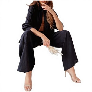 Ensemble décontracté pour femme en coton Oxford uni, avec chemise à manches longues boutonnée et pantalon large, style printemps-été - Product Image 2