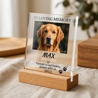 Plaque commémorative personnalisée pour animaux de compagnie en acrylique avec base en contreplaqué de hêtre, impression photo HD UV, cadeau pour la perte d'un chien ou d'un chat, vente en gros B2B