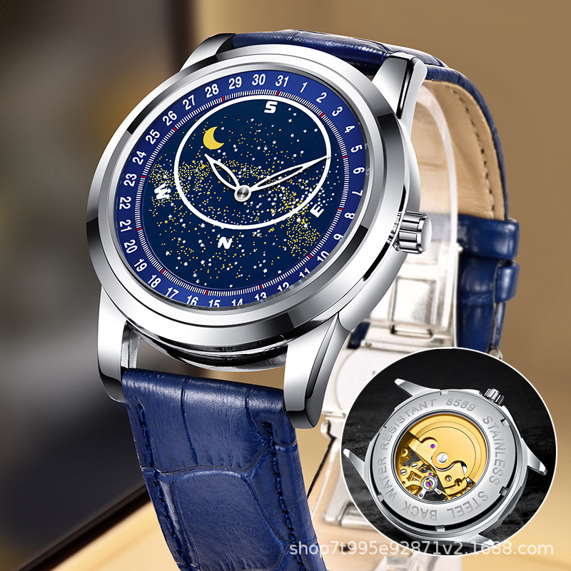999 coque en cuir bleu argent [montre mécanique]]