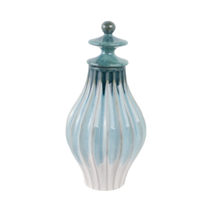 Vaso Decorativo in Ceramica con Coperchio, Smalto Blu, Scultura Decorativa per Casa, Centrotavola per Soggiorno - Product Image 3