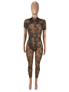 Mono <span class=keywords><strong>de</strong></span> malla con estampado <span class=keywords><strong>de</strong></span> <span class=keywords><strong>tatuajes</strong></span> para <span class=keywords><strong>mujer</strong></span>, cuello alto, <span class=keywords><strong>manga</strong></span> corta, transparente, sin espalda, Catsuit sexy ajustado, ropa <span class=keywords><strong>de</strong></span> club, Unitard - Product Image 3