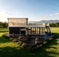 Villa conteneur blanche à deux étages en kit ondulé avec balcon, escalier extérieur blanc, structure modulaire démontable en kit