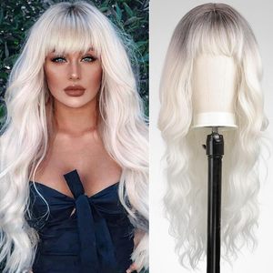 Nouveau modèle de perruques pour femmes, couvre-chefs synthétiques tendance, couleur dégradée marron, franges soignées, cheveux longs bouclés, effet vague d'eau, doux et résistant à la chaleur - Product Image 6