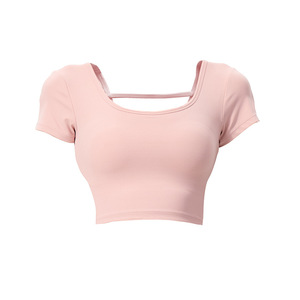 Top de Yoga con Copas Fijas para Mujer, Manga Corta, Cuello Redondo, Espalda Recortada, Sensación de Algodón Suave como una Nube, Ropa Cómoda para Entrenamiento - Product Image 5