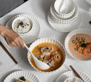 Juego de Vajilla de Porcelana Blanca Acanalada, Ecológica y Duradera, Platos, Tazones y Cucharas Acanalados, Utensilios de Cocina Modernos y Minimalistas - Product Image 5