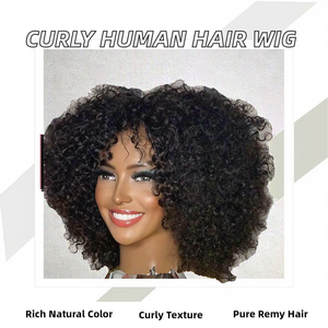 UBeautyhair - Peluca de Cabello Humano Rizado Brasileño Mediano con Monofilamento, Color Marrón Claro Natural, Virgen Remy, con Flequillo, Hecha a Máquina - Product Image 2