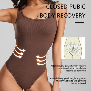 Body gainant une pièce côtelé sans manches à col rond et dos nu pour femme, sans coutures et élastique - Product Image 5