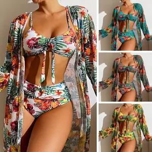 Long Sleeved Cover Up Knots Front Sexy Lady 3 Pieces Swimsuit Beach Print Bikini Swimwear