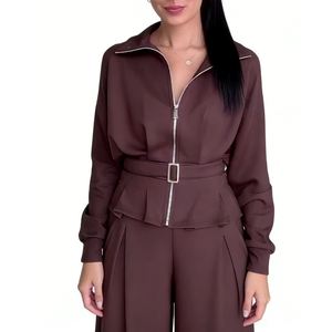 Setelan Wanita 2 Potong dengan Ritsleting, Kerah, Celana Lebar, dan Sabuk, Outfit Kasual untuk Kantor - Product Image 4