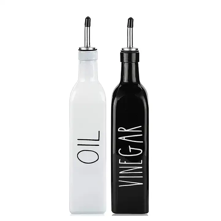工場価格17オンススクエア2パックブラックホワイトクルートセットオリーブオイルコンテナオイルとビネガーディスペンサースタンド付きガラス瓶