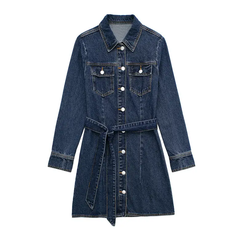 Custom Sashes Buttons Up Long Sleeve Turn Down Collar Blue Color Casual Women Jean Dress