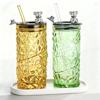 Tasses à eau en verre d'ours Tasses à boire minces de grande capacité de haute qualité avec couvercles Tasse en verre avec paille Tasses à lait avec couvercle