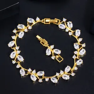 simple gold plated copper jewelry leaf shaped cubic zirconia bracelet bangles for girl
