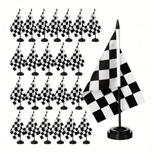 ธงตั้งโต๊ะลายตารางหมากรุกสีสันสดใส ทนทานต่อการซีดจาง พร้อมฐานตั้งและเสา สำหรับสำนักงานหรือพื้นที่ทำงานของผู้ที่ชื่นชอบการแข่งรถ - Product Image 1