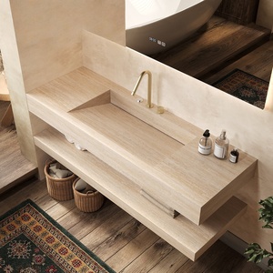 Meuble de salle de bain mural moderne personnalisé avec double vasque en pierre résistante à l'eau, facile à nettoyer et durable - Product Image 5