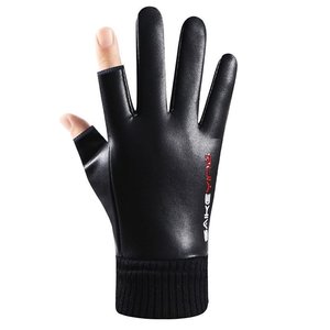Gants d'hiver en cuir pour hommes, doublés polaire, compatibles écran tactile, coupe-vent, pour la conduite, la moto, la livraison de repas, deux doigts exposés - Product Image 1