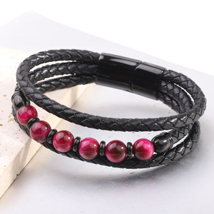 Multi Layer Leather Rope Bracelet Red <b>Stone</b> <b>Beads</b> Unisex Gift Jewelry - Product Image 1
