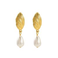 Boucles d'oreilles pendantes en forme de goutte d'eau effet perle, en acier inoxydable 304 plaqué or 18 carats sous vide, motif feuille côtelée, blanches, 39x10mm, bijoux pour femme