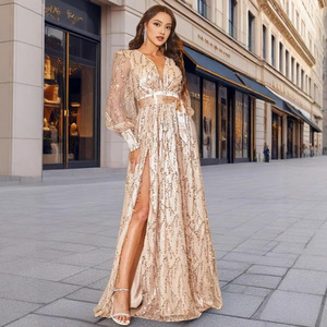 Vestido de noche largo para mujer con lentejuelas, cuello en V, cintura imperio, manga transparente y abertura, ideal para eventos y banquetes. - Product Image 2