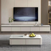 Ensemble Meuble TV et Table Basse en Bois Massif et Pierre Microcristalline, Style Luxe Moderne, avec Rangement – Meubles de Salon Multi-Tailles
