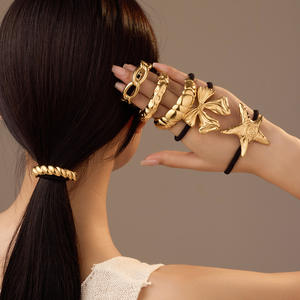 Accesorio para el cabello con lazo <span class=keywords><strong>de</strong></span> acero inoxidable dorado a la moda, cintas para el cabello con textura martillada <span class=keywords><strong>de</strong></span> estrella para niñas, Cuerdas elásticas para mujeres - Product Image 2