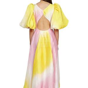 Best Price Women's Casual Puff Sleeve <b>Tie</b> Dye <b>Back</b> Hollow Dress High Waist a Line Fit Gradient Color Long Dress - Product Image 2