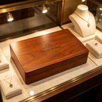 Boîte de rangement à bijoux rectangulaire en bois avec logo gravé au laser, doublure intérieure en velours noir, charnière dorée pour emballage cadeau de bijoux