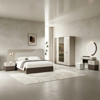 Ensemble complet de meubles de chambre à coucher de luxe en bois, lit king size, cadre en bois, rangement intégré, éclairage LED, style moderne et simple