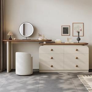 <span class=keywords><strong>Tocador</strong></span> Moderno de Madera Maciza Color Crema con Espejo Iluminado y Almacenamiento Abatible, Mesita de Noche Simple de Estilo Retro para Dormitorio - Product Image 2