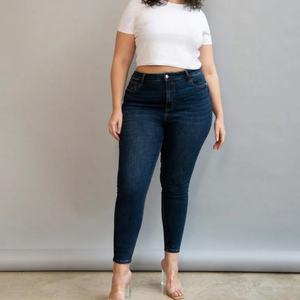 Jeans Ajustados de Mezclilla Elástica Azul Oscuro con Lavado Ácido OEM para Mujer, Jeans de Cintura Alta Estilo Boyfriend - Product Image 5