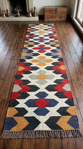 Tapis de couloir en laine et jute tissé à la main |   Tapis de couloir de style Kilim géométrique tribal pour la décoration de sol de maison bohème ou de ferme - Product Image 3