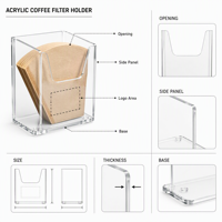 Support de filtre à café en acrylique personnalisé, transparent, pour comptoir, pour filtres coniques en papier, avec logo OEM, organisateur de bar à café, présentoir