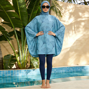 Blue Abstract Leaf Kaftan Burkini Swimwear <b>Set</b> For Women <b>Modest</b> Sleeve Pants Hijab Quick Dry Beachwear - Product Image 2