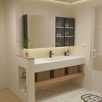 Kabinet Cermin LED Kamar Mandi Marmer yang Dipasang di Dinding, Wastafel Keramik, Ramah Lingkungan, Tahan Air, Tahan Lama, Modern untuk Hotel Apartemen