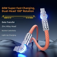 NOUVEAU Câble de données USB-C en alliage d'aluminium avec rotation à 180 degrés, charge rapide 100W 3A, tressé TPE/PVC/Nylon, Type C 2m, avec lumière LED pour ordinateur