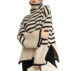 Striped Women Loose Sweater High Collar Knitwear Long Sleeve Pullover Knit Coat Solid Color Autumn Winter Casual Sweater